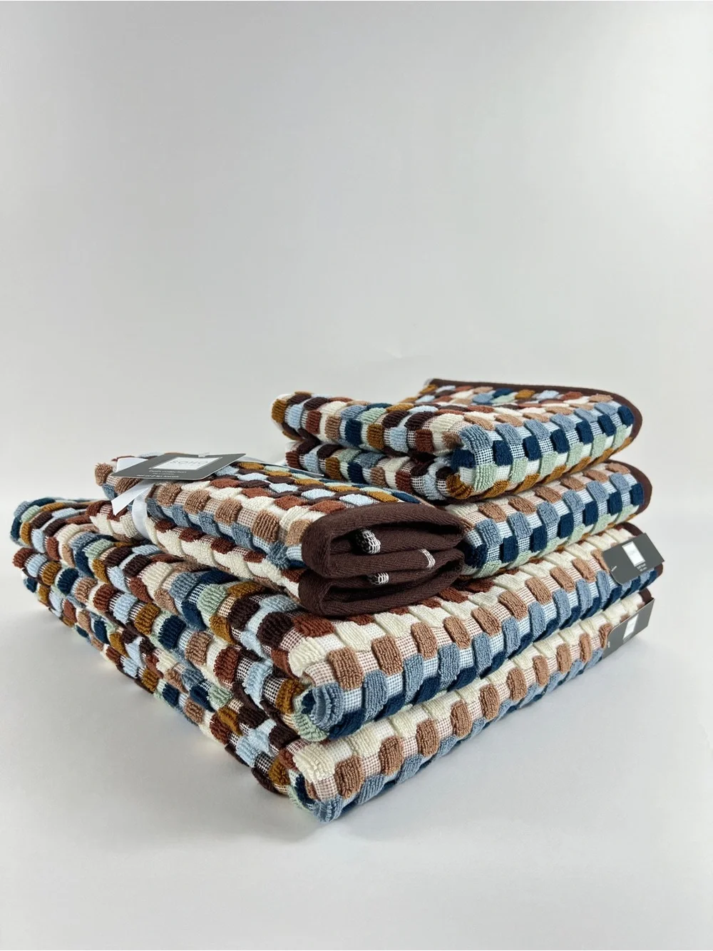 Share Soho Living Bath Towel Set Brown Blue Green Dotted Stripe Soft Cotton 6 Pc